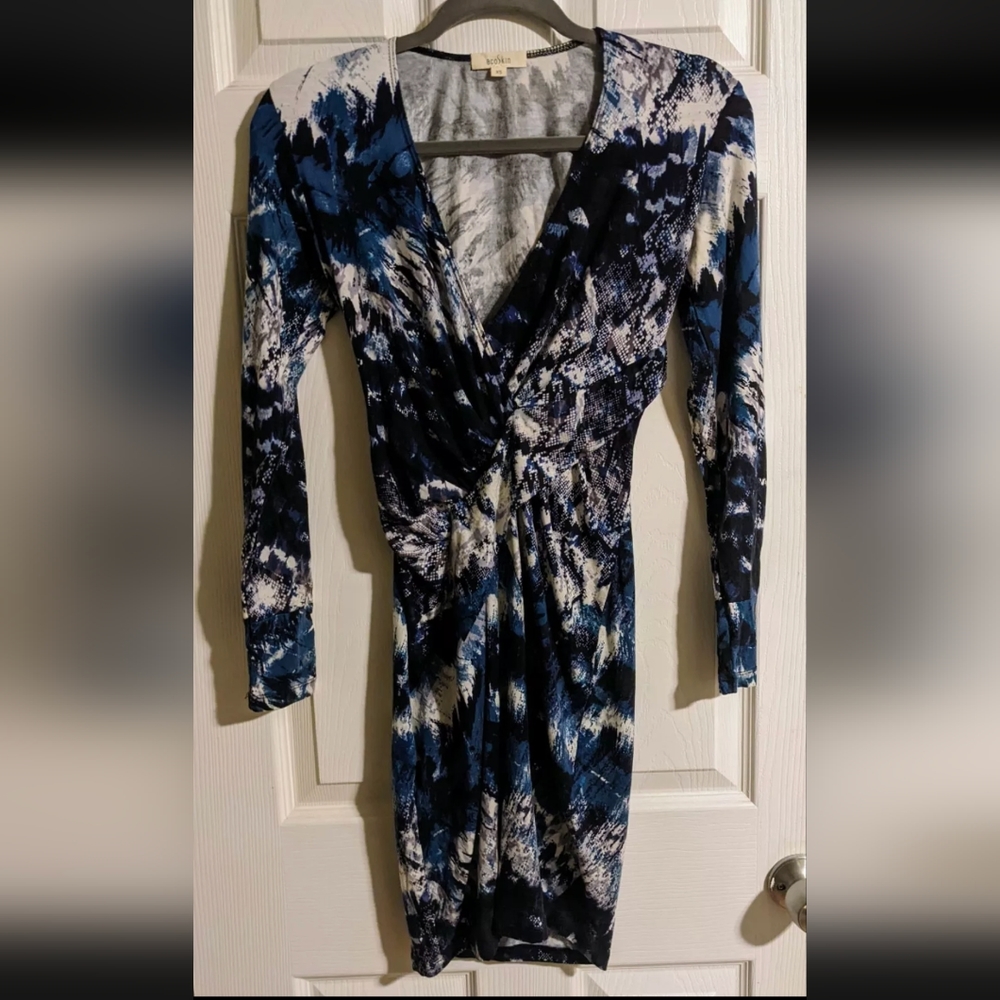 EcoSkin Dress XS Blue Black Stretchy Knit Printed Faux Wrap Sustainable Bodycon